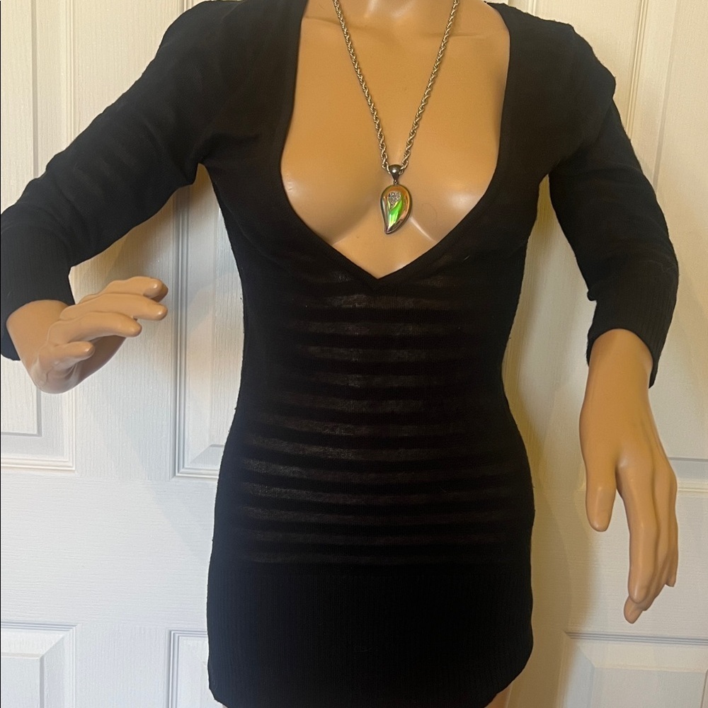 I.N. San Francisco Knit 3/4 sleeve Black Deep plunge Overlay Tunic Med - Picture 1 of 7